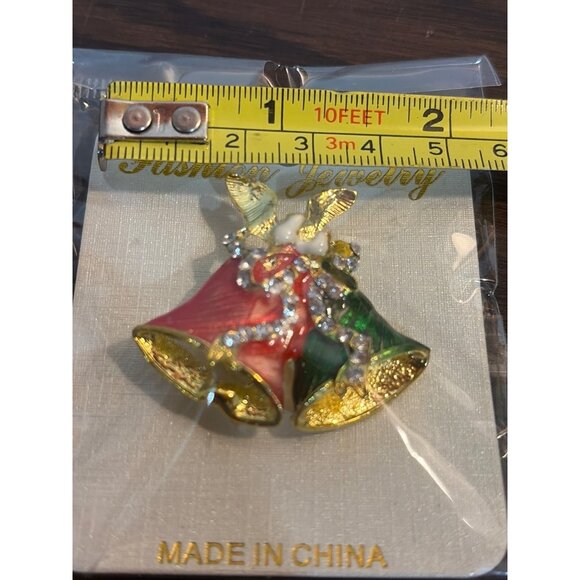 Christmas Bell Brooch Pin Rhinestones Red & Green Holiday Jewelry Gold Tone - Picture 3 of 4